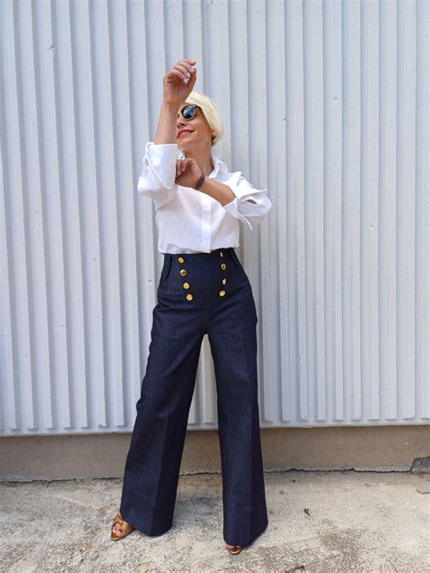 Sailor Pant Jeans With Gold Front Buttons, Indigo Blue Cotton Denim ...