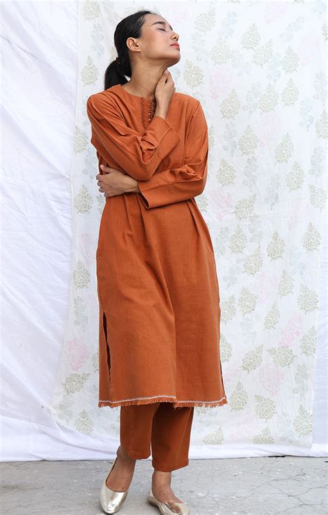 Burnt Orange Handspun Handwoven Cotton Kurta with Pants – Ihaworld