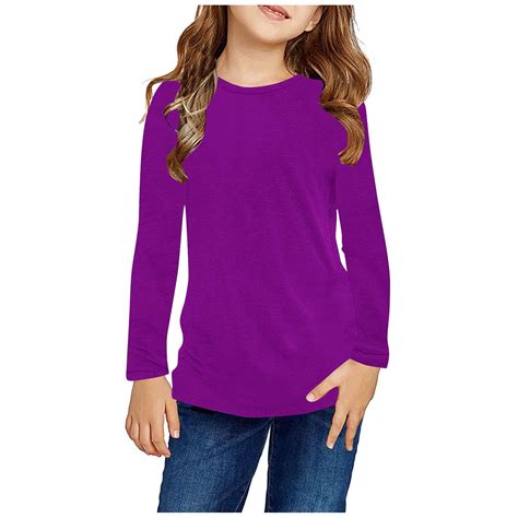 Elvqul Tops for Girls Long Sleeve Comfy Cute Round Neck Purple Plain ...