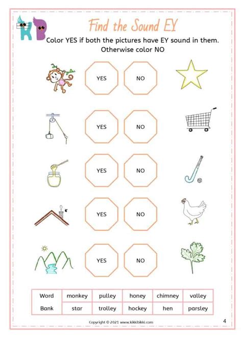 Words ending with 'ey' - Kindergarten Worksheet - Free Phonics