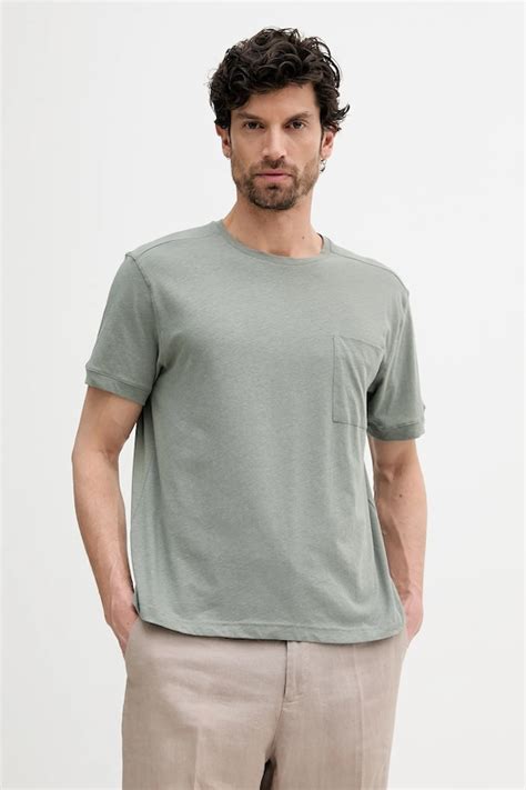 United Colors of Benetton t-shirt z domieszką lnu kolor zielony gładki ...