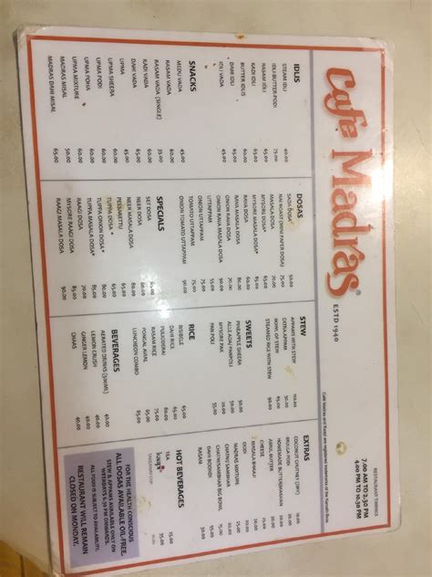 Menu at Cafe Madras, Mumbai, GROUND FLOOR KAMAKSHI BUILDING