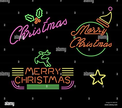 Merry christmas set retro neon light sign label Stock Photo - Alamy