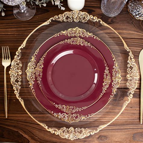 10 Pack | 10" Burgundy Gold Leaf Embossed Baroque Plastic Dinner Plates ...