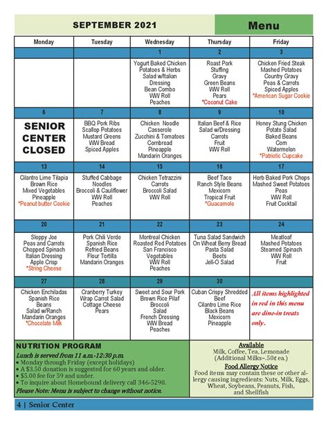 Senior Lunch Menu
