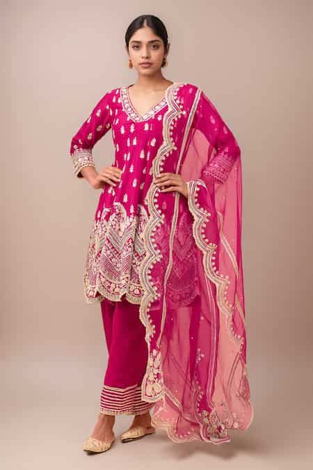 Buy Pink Sequins, Embroidery V-neck Short Anarkali Salwar Set For Women ...