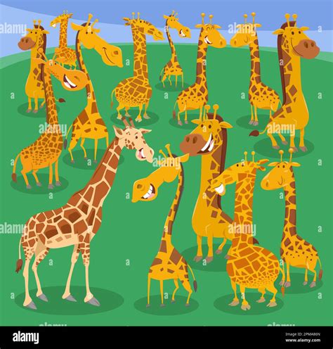 Cartoon illustration of funny giraffes wild animal characters group ...