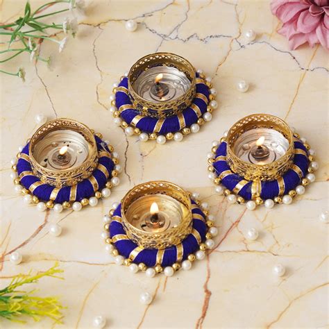 eCraftIndia Set of 4 Golden and Blue Round Shaped Beaded Decorative Te