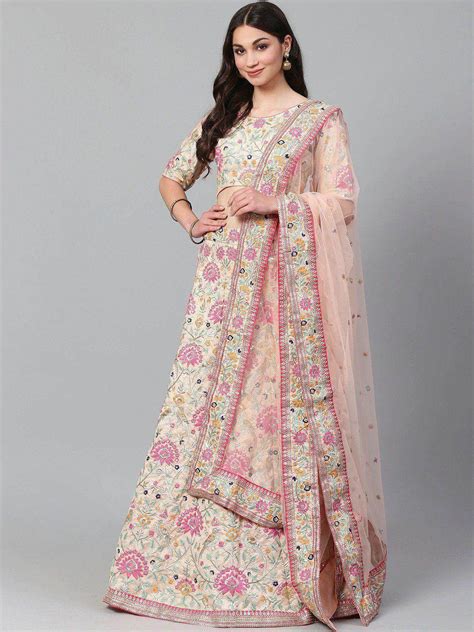Buy Peach-Coloured & Pink Embroidered Semi-Stitched Myntra Lehenga ...