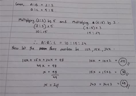 The sum of three numbers is 98 . The ratio of the first to the second ...