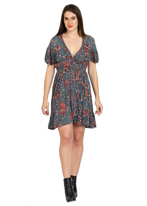 Get Ruffled Neck & Sleeve Detail Floral Printed Grey Dress at ₹ 700 ...