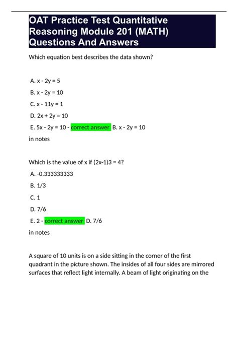 OAT Practice Test Quantitative Reasoning Module 201 (MATH) Questions And Answers - OAT ...