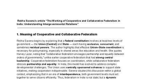 Working of Cooperative and Collaborative Federalism in India: Insights ...
