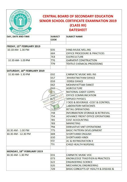 सीबीएसई बोर्ड की बारहवीं कक्षा की बोर्ड परीक्षा का शेड्यूल / टाइम टेबल ...