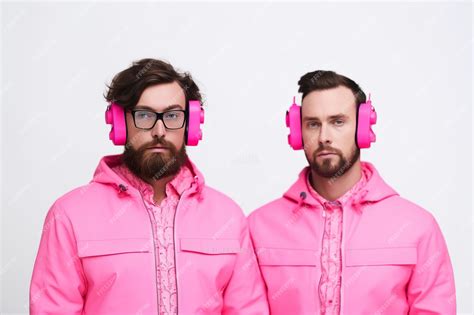 Premium AI Image | Two men wearing pink headphones one wearing a pink ...