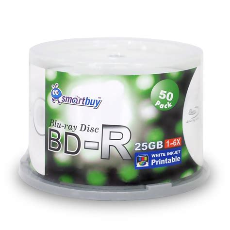 Smartbuy 50-disc 25GB 6x BD-R Blu-Ray White Inkjet Hub Printable Blank ...