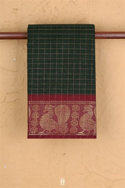 Chettinadu Cotton Saree In Forest Green With Checks Design