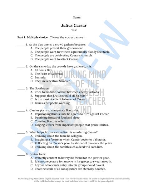 Shakespeare's Julius Caesar Test and Answer Key for High School | Made By Teachers