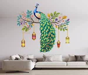 DesignDecor Decorative Peacock Wall Sticker with Hanging Lanterns ...