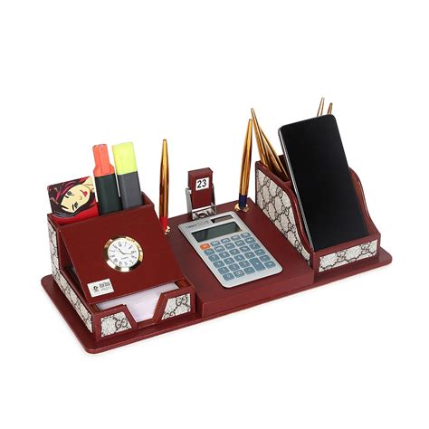 DESKDOCK Brown Leather Multipurpose Desk Organizer Pen Stand Holder ...
