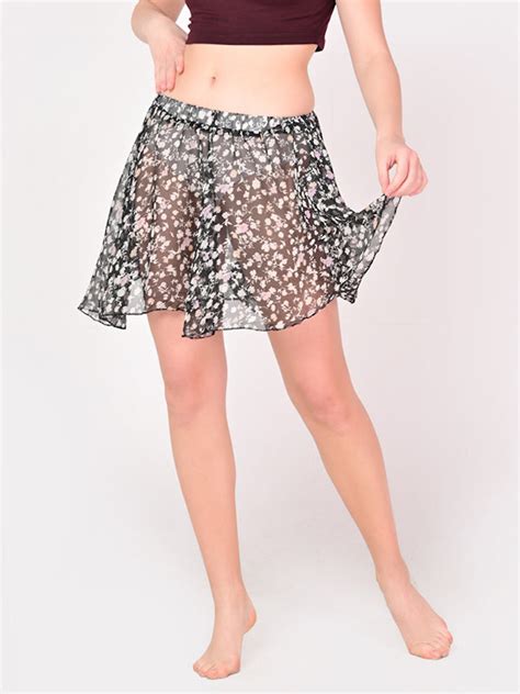 Girls Stylish Chiffon Flowy Sheer Black Flower Mini Skirt with Elastic ...