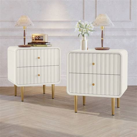 20" Modern Fluted Nightstand Set Of 2, White Wood Bedside Table With 2 ...