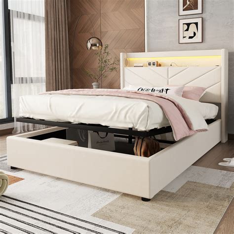 Lit coffre 140 x 190 cm avec tête de lit - LEDs et prise USB - Tissu en ...