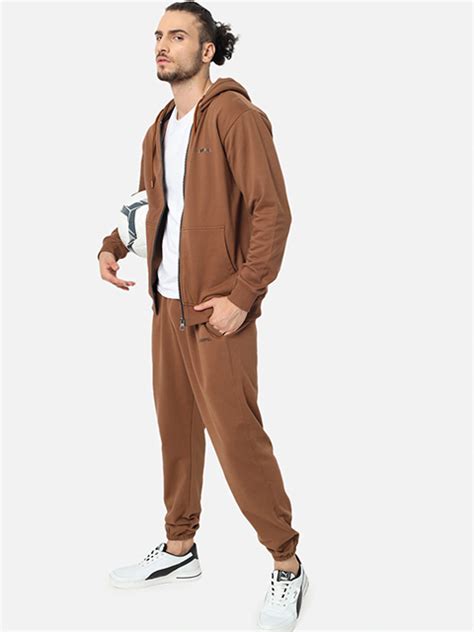 Men Brown Solid Cotton Tracksuit