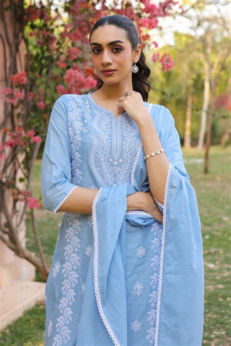 Powder blue Cotton Mulmul Chikankari Embroidered Straight Suit Set – SCAKHI