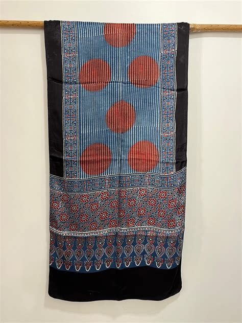 Black, Indigo Blue and Red - Ajrakh Handblock printed Modal Silk Stole ...
