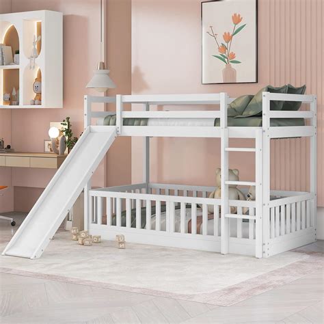 Floor Bunk Bed With Slide, Twin Over Twin Bunk Bed For Kids Toddlers ...