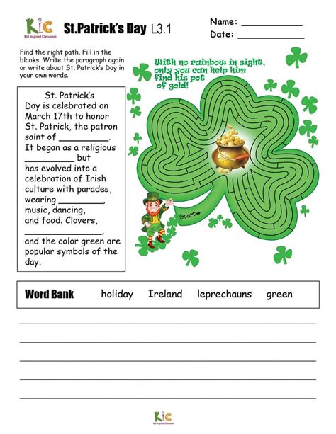 St. Patrick's Day ESL Activity Pages - PDF Download | Kid-Inspired Classroom