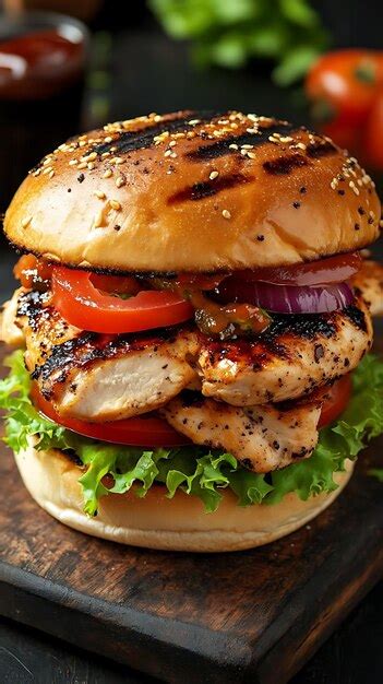 Delicious grilled chicken burger photo toasted bun lettuce tomato onion ...