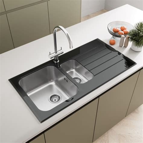 Sauber 1000 X 500mm Stainless Steel Kitchen Sink Black Glass ...