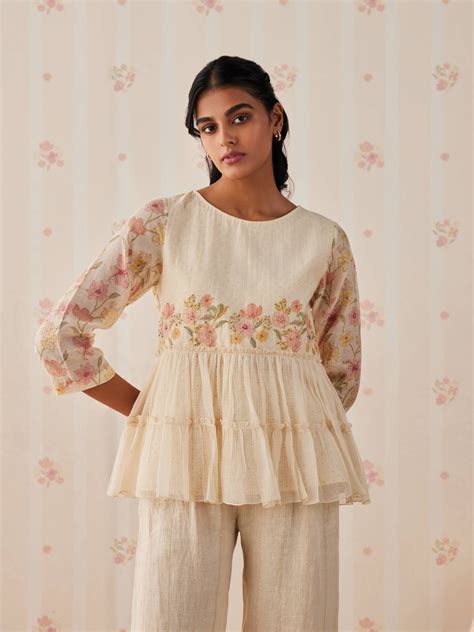 Lotus Blossom Blouse: Exquisite Tiered Cotton Chanderi Top