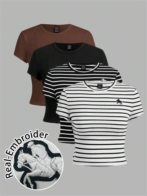 SHEIN EZwear 4 Pcs/Set Minimalist Horse Embroidery Graphic Short Sleeve ...