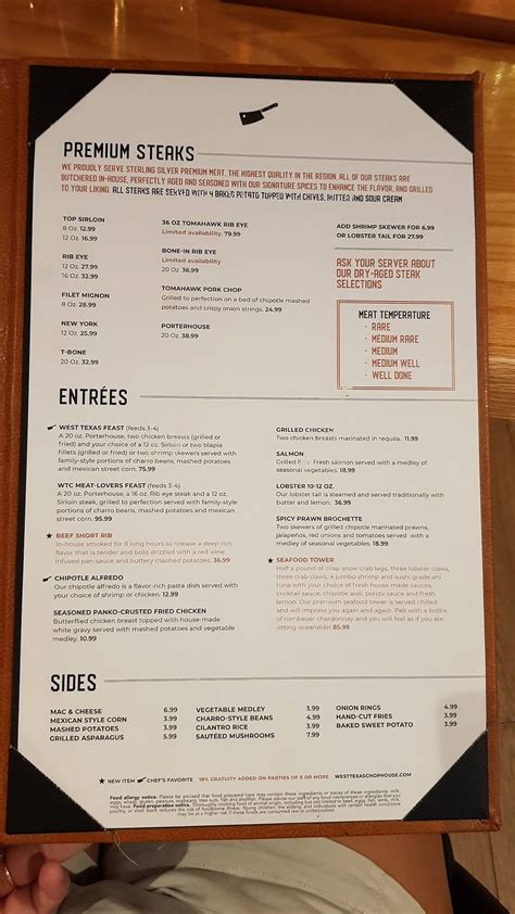 Menu at West Texas Chophouse steakhouse, El Paso