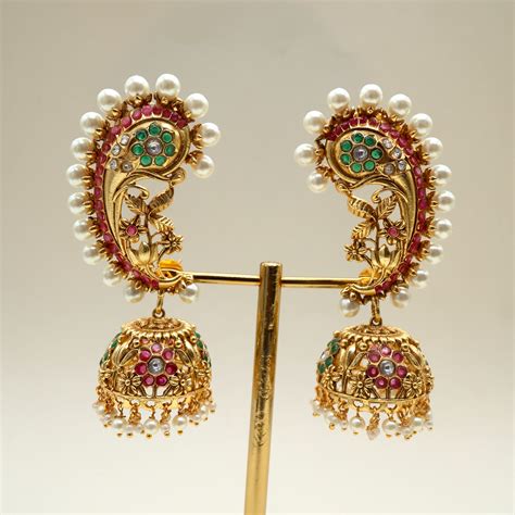 Antique Gold Premium AD Kundan Floral Earcuff Jhumkas