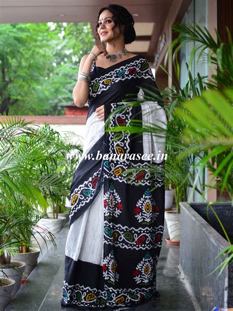 Handloom Mul Cotton Ajrakh Print Saree-Black & White – Banarasee