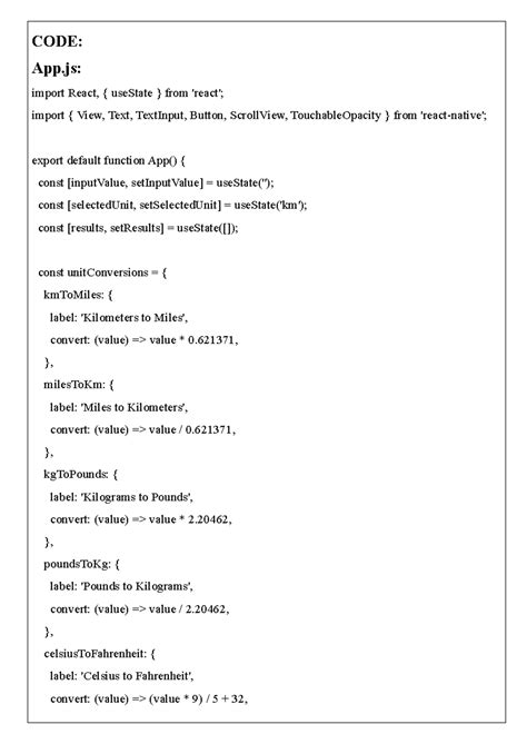 App Development lab manual - CODE: App: import React, { useState } from ...