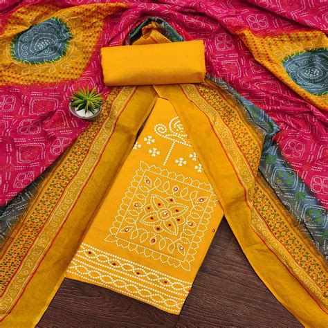 Yellow Printed Pure Cotton Dress Material