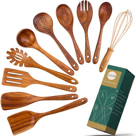10 Pack Wooden Spoons for Cooking, Teak Wood Kitchen Utensils Set for ...