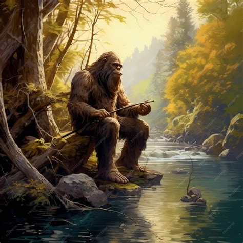 Artistic Depiction Of Bigfoot Fishing On A River | Premium AI-generated ...