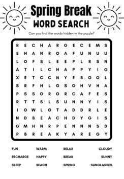 Image result for Spring Break Word Search Answer Key