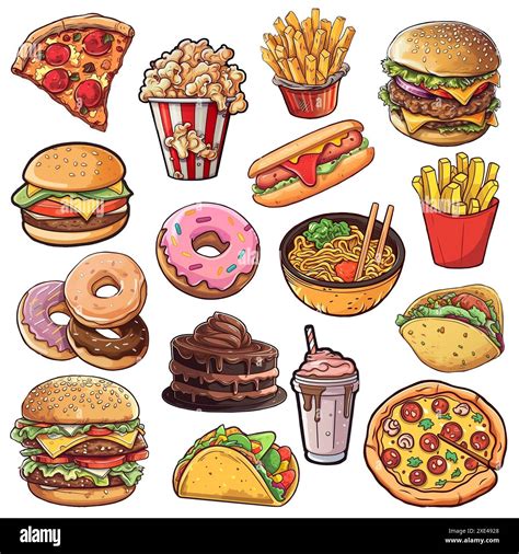 Fast food icon set. Pizza, taco, hamburger, fries potatoes, ramen ...