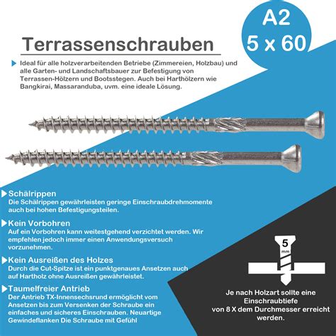 100 Stück 5x60 A2 Terrassenschrauben (TX25 T-Drill Edelstahl Cut-Spitze ...