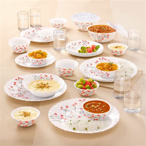 Larah By Borosil Red Bud Silk Series Opalware Dinner Set with Glasses ...