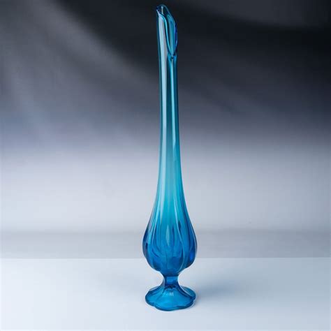 Blue Art Glass Floor Vase with Scalloped Base