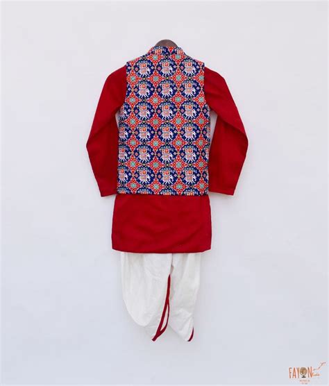 Buy Patola Print Jacket with Red Kurta Dhoti for Boys Online – FayonKids