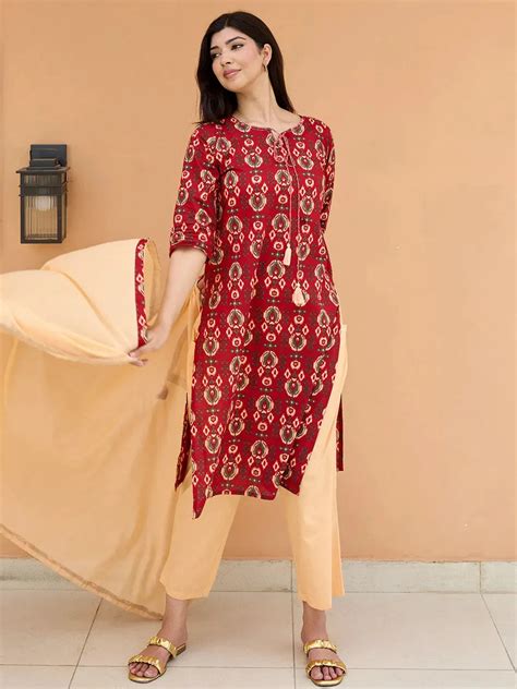 Buy Maroon Printed Cotton Straight Suit With Dupatta Online at Rs.699 ...